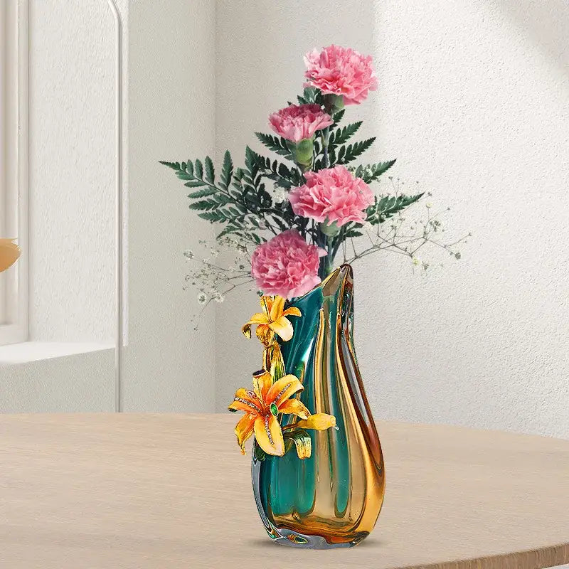 Teal Amber Enamel Vase