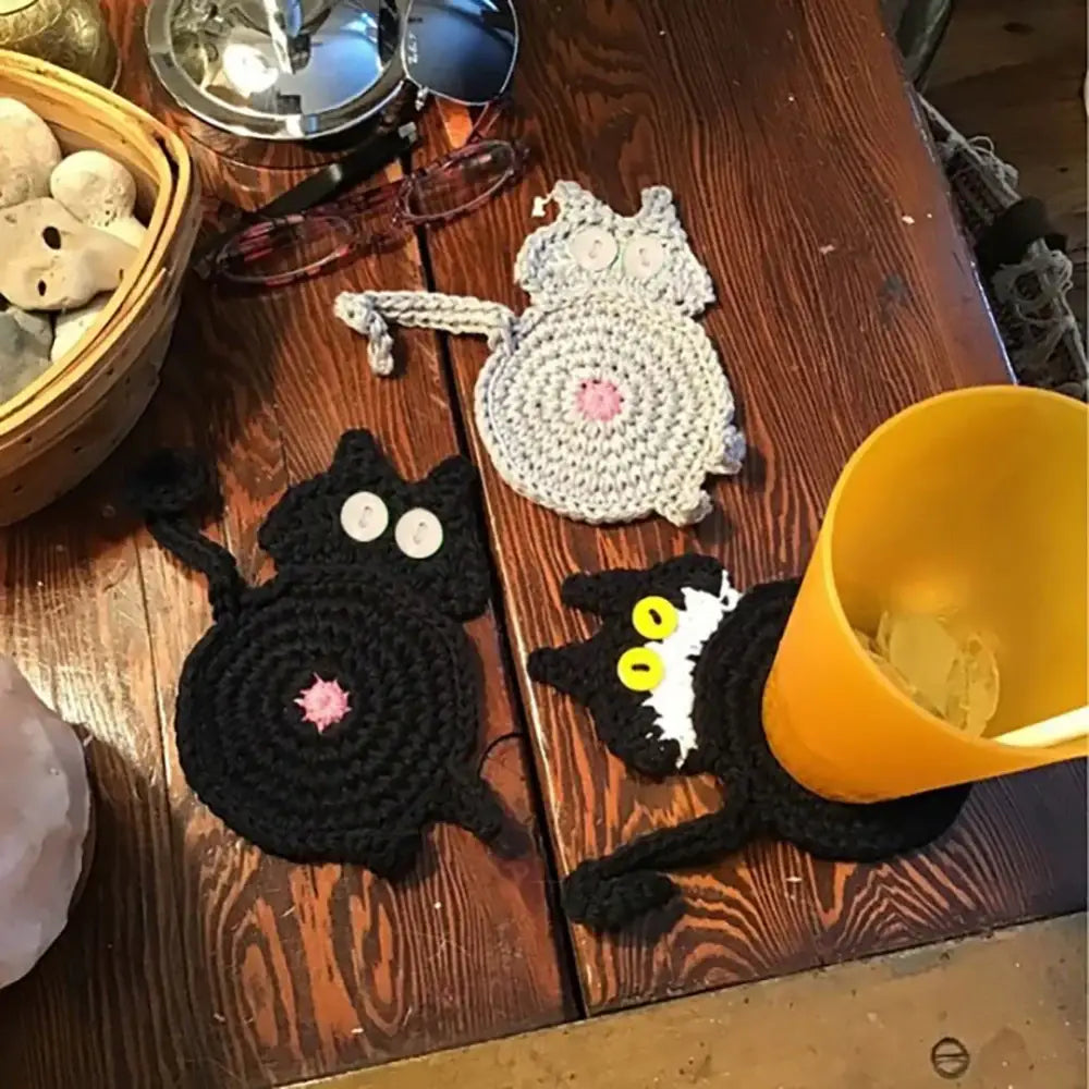 Gray Crocheted Cat Coasters