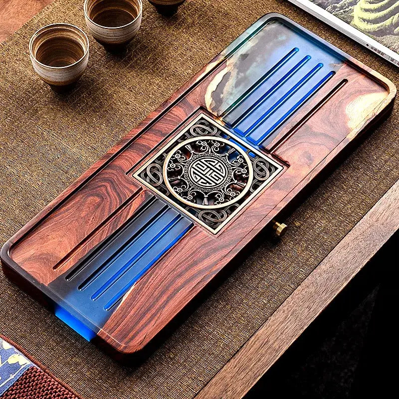 Wood Blue Resin Tea Tray