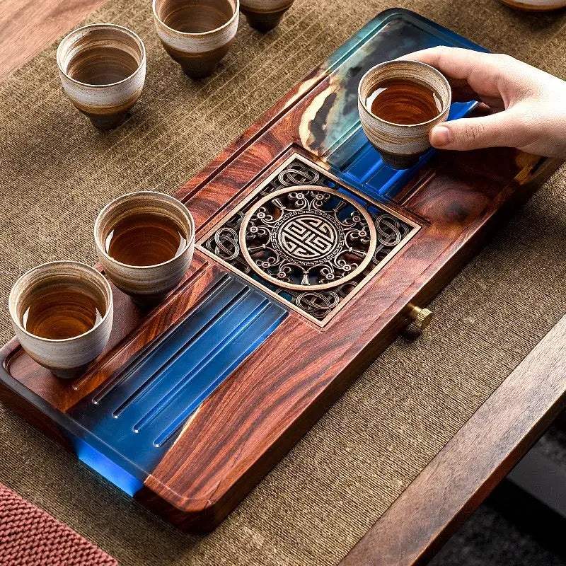 Wood Blue Resin Tea Tray