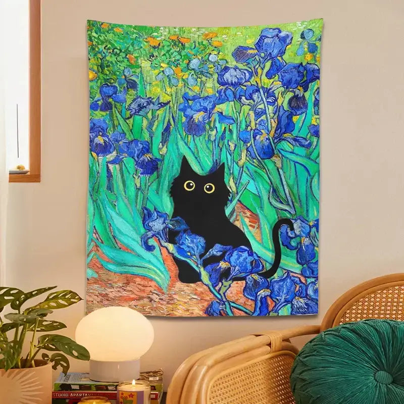 Polyester Irises Cat Tapestry