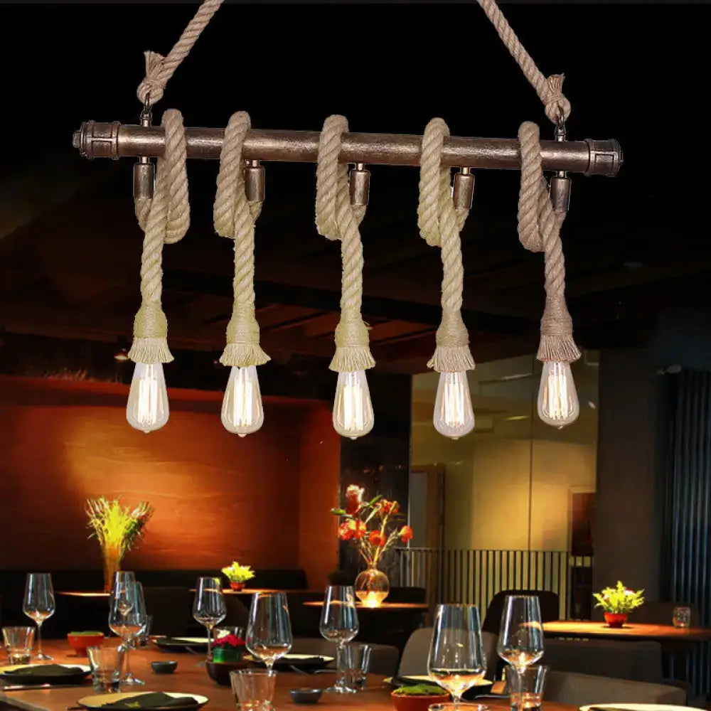 Beige Rope Open Bulb Five-Light Pendant