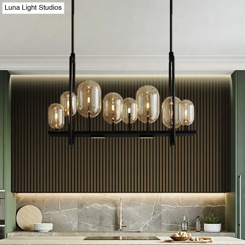Black Amber Glass Eight-Bulb Industrial Chandelier