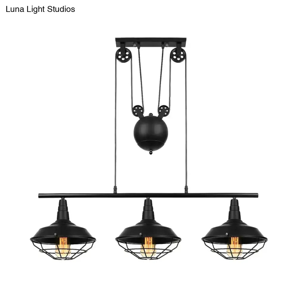 Black Cage Three-Light Adjustable Chain Pendant