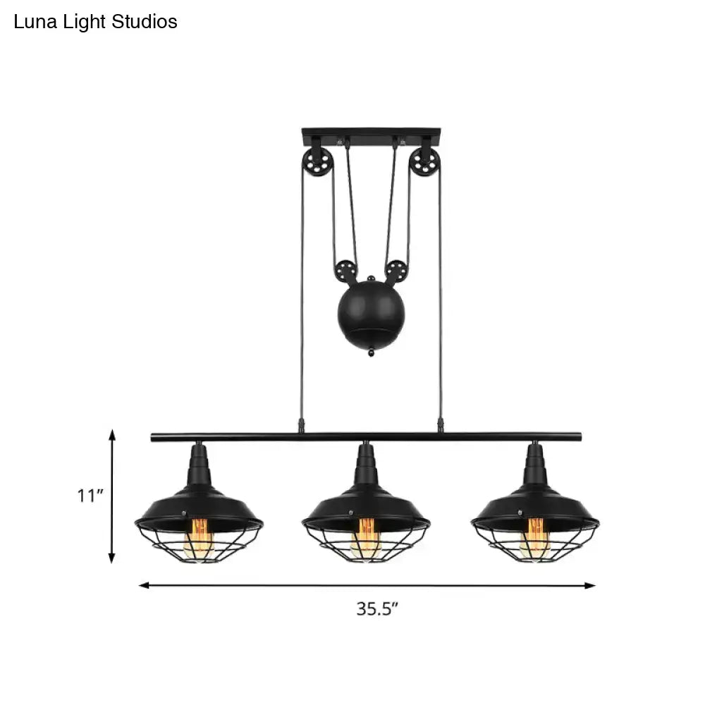 Black Cage Three-Light Adjustable Chain Pendant
