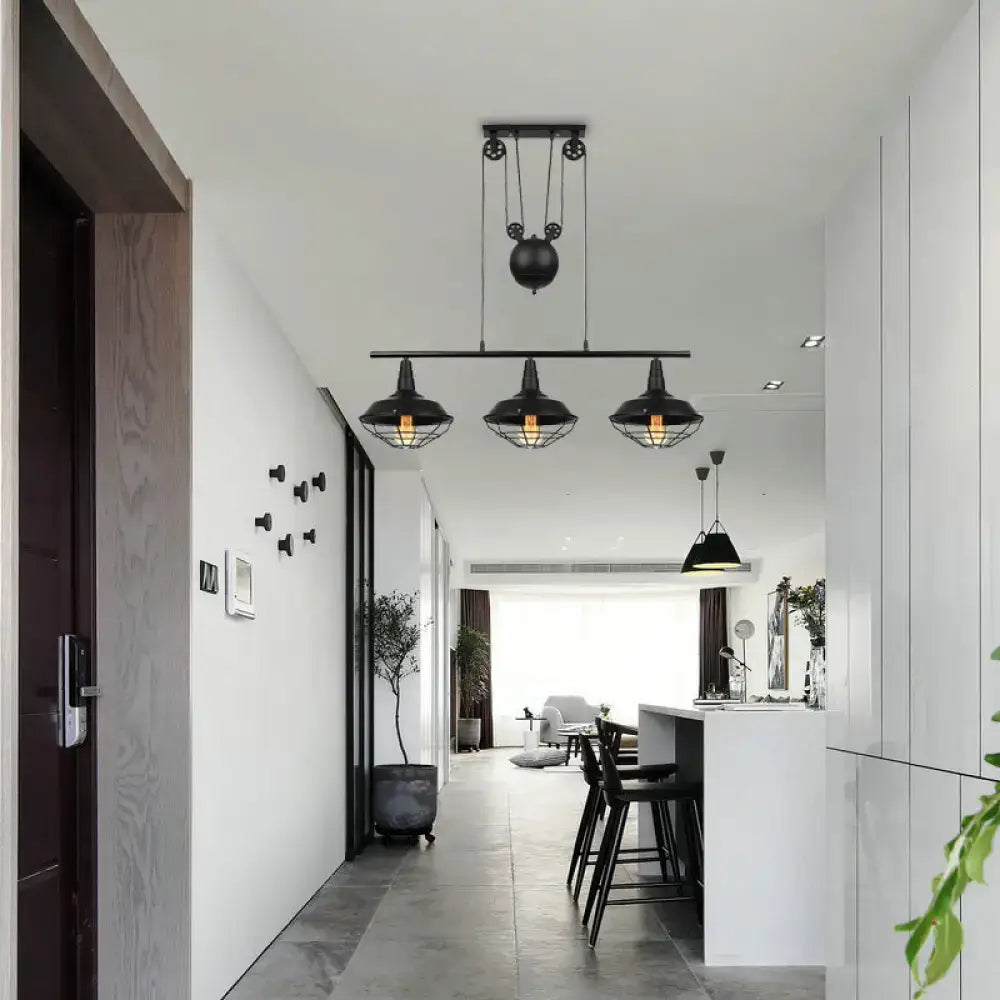 Black Cage Three-Light Adjustable Chain Pendant