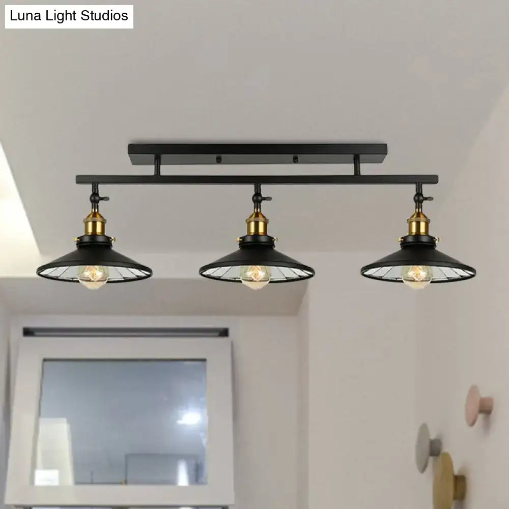 Black Brass Cone-Shaped Three-Light Ceiling Light