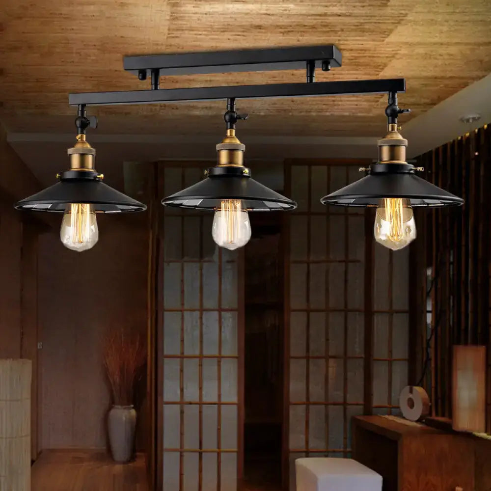 Black Brass Cone-Shaped Three-Light Ceiling Light