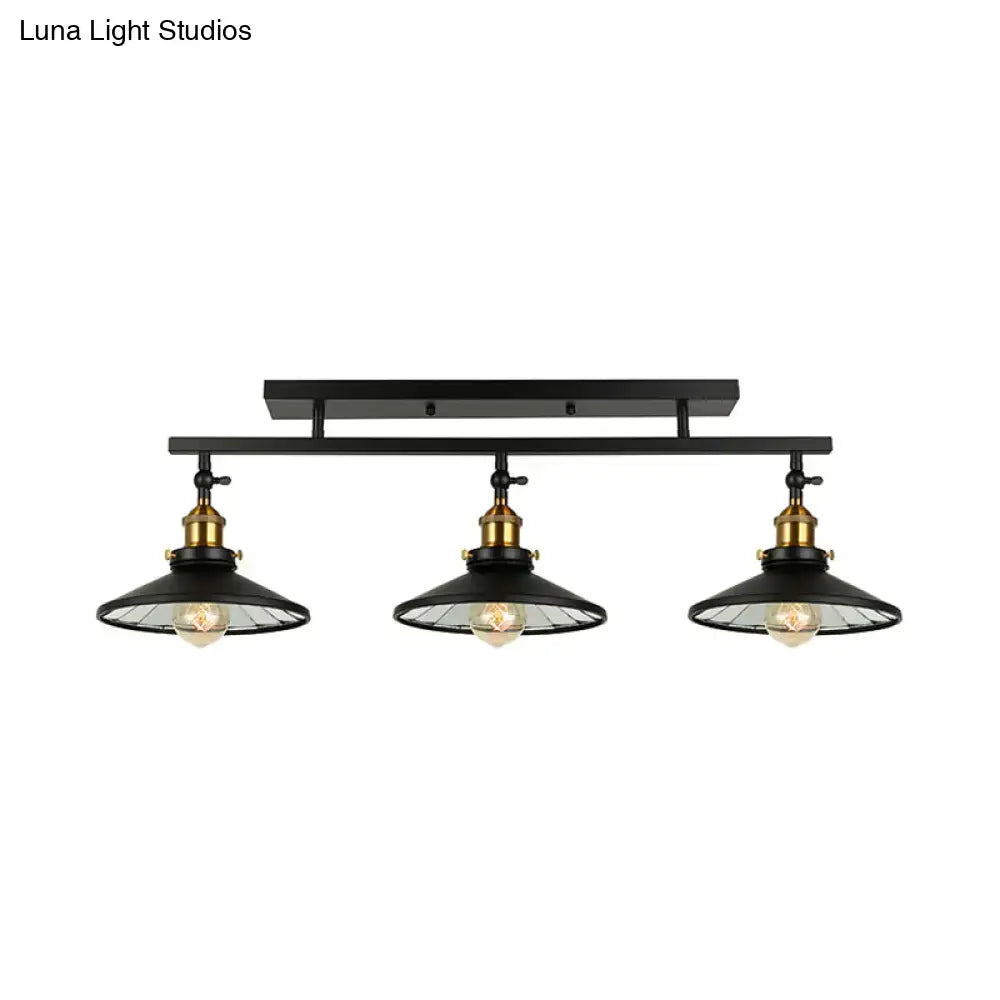 Black Brass Cone-Shaped Three-Light Ceiling Light