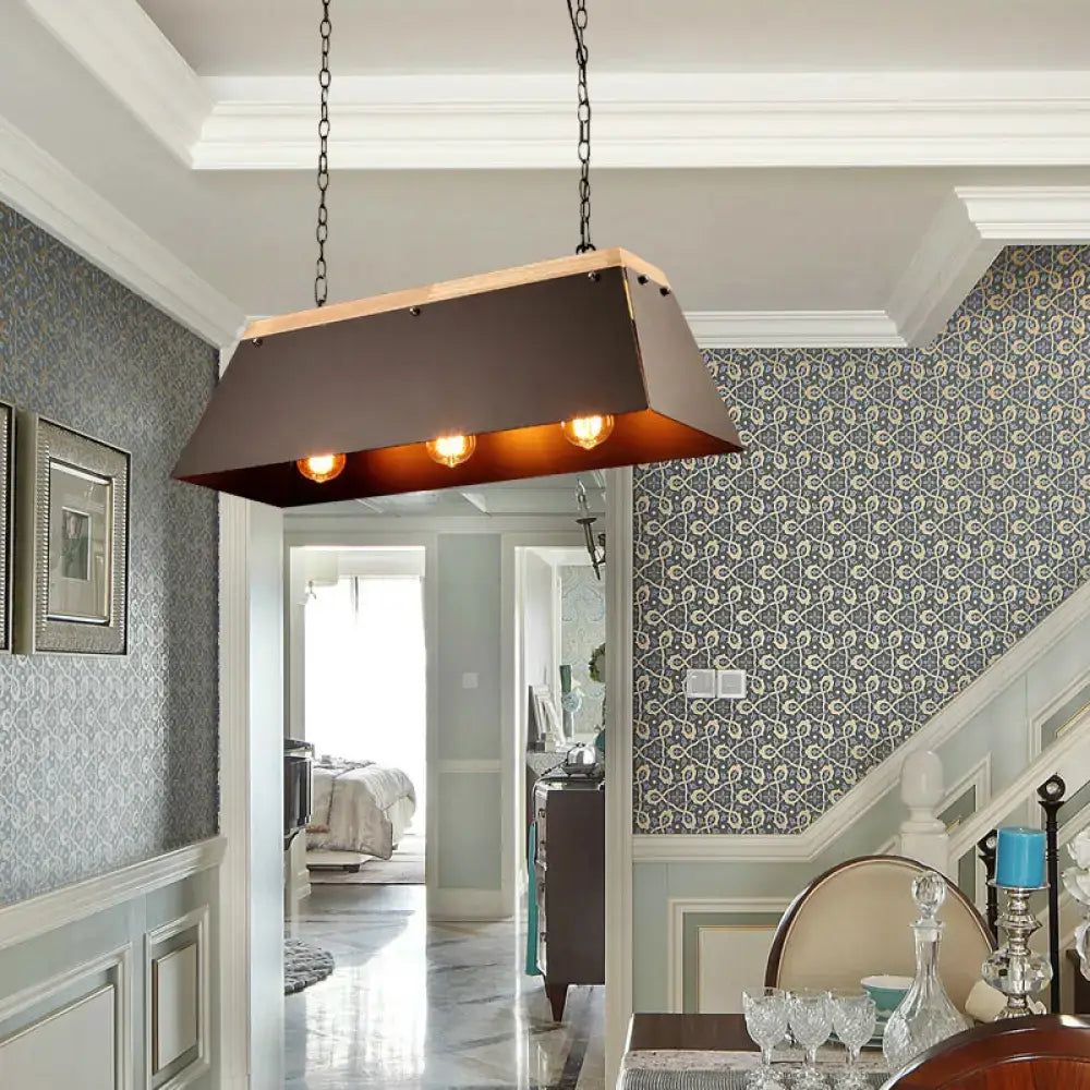 Black Wood Trapezoid Three-Light Pendant Lamp