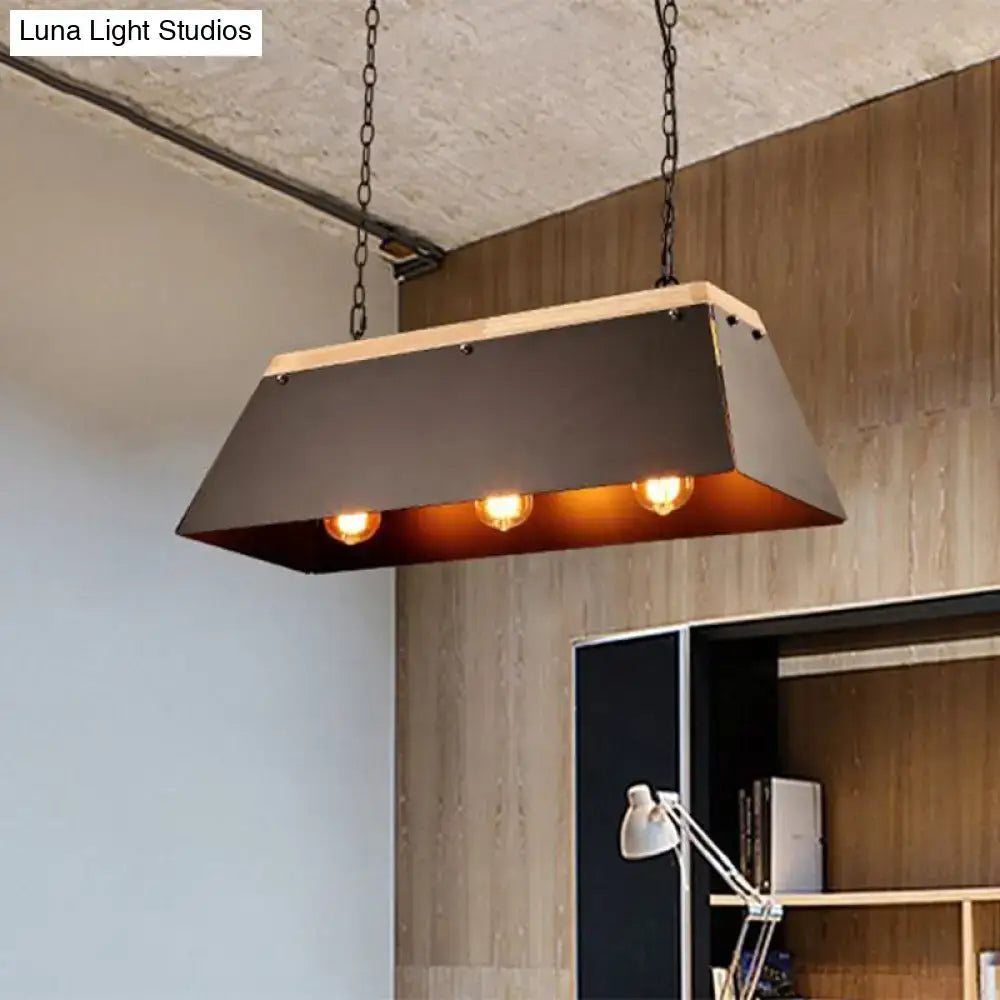 Black Wood Trapezoid Three-Light Pendant Lamp