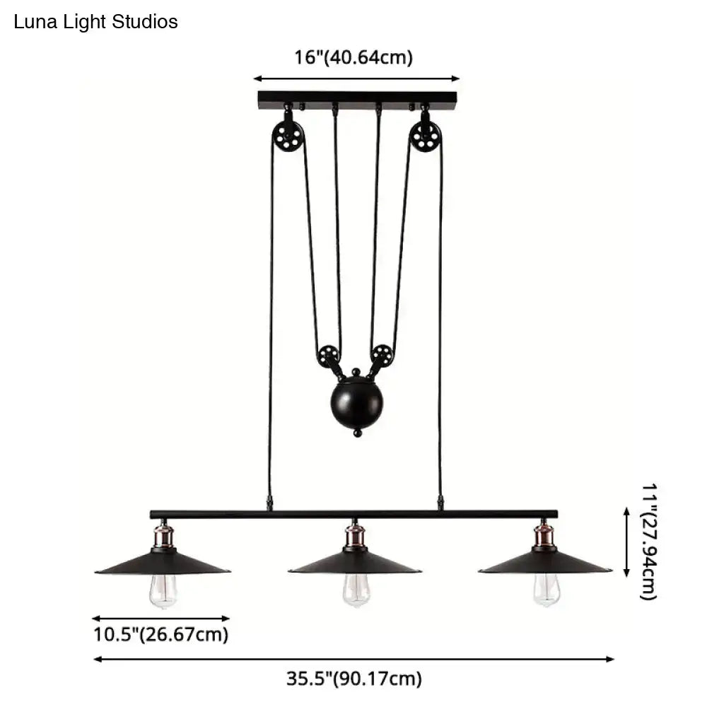 Black Pulley Cone Three-Bulb Pendant Light