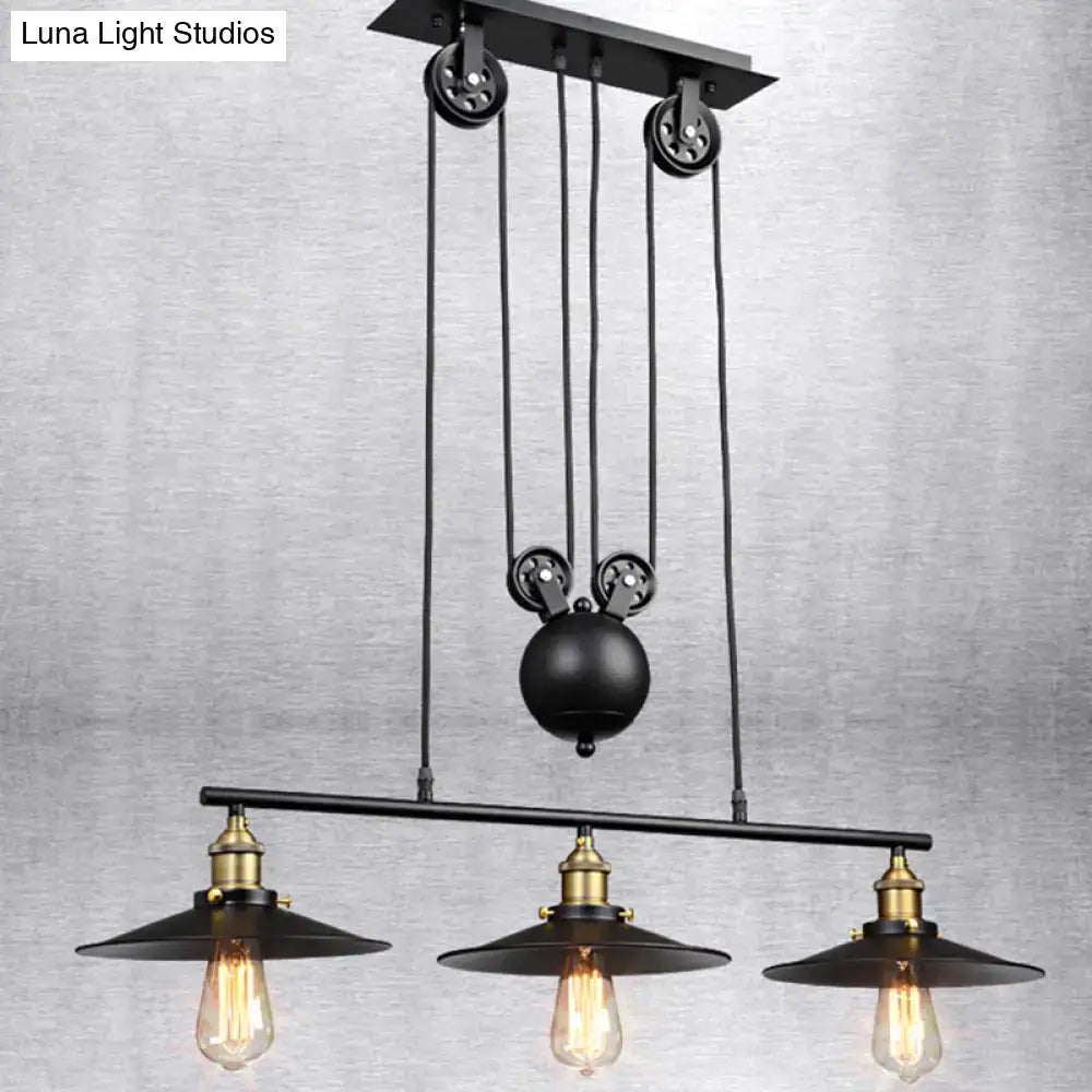 Black Pulley Cone Three-Bulb Pendant Light