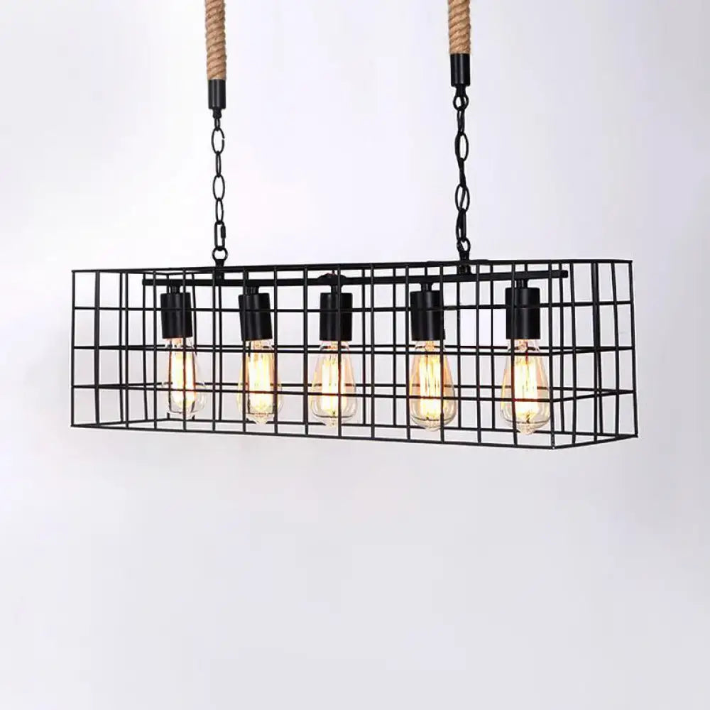 Black Rectangle Cage Five-Bulb Bar Pendant