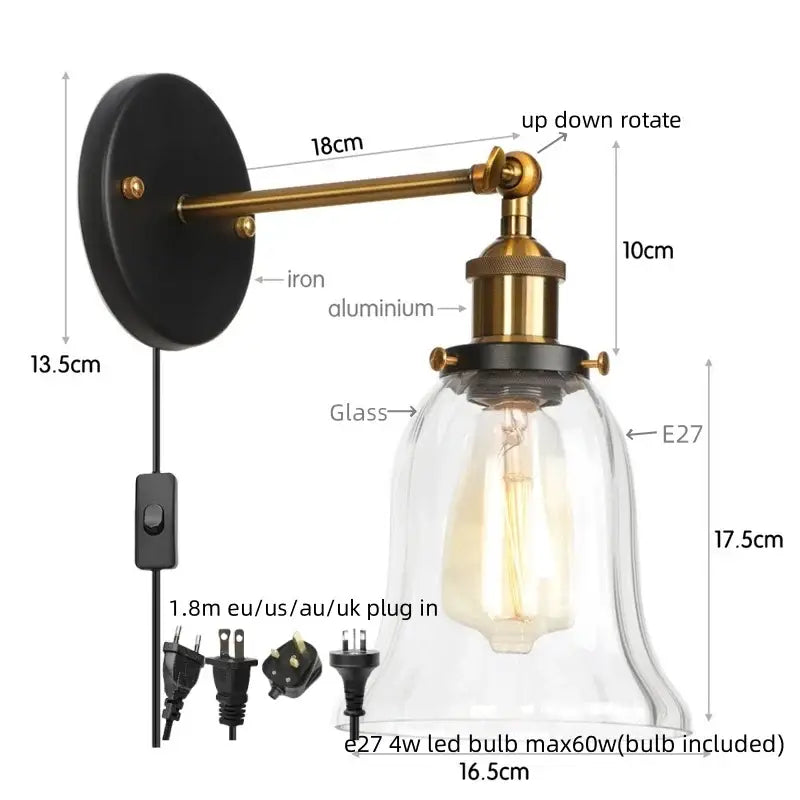 Clear Glass Wall Sconce with Industrial Iron Frame