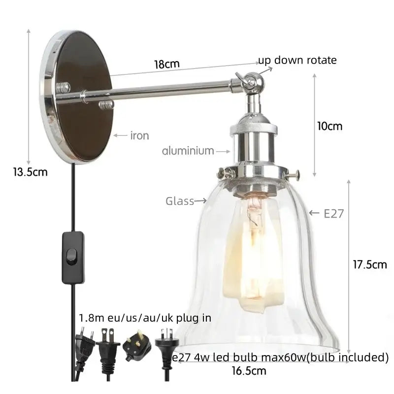 Clear Glass Wall Sconce with Industrial Iron Frame