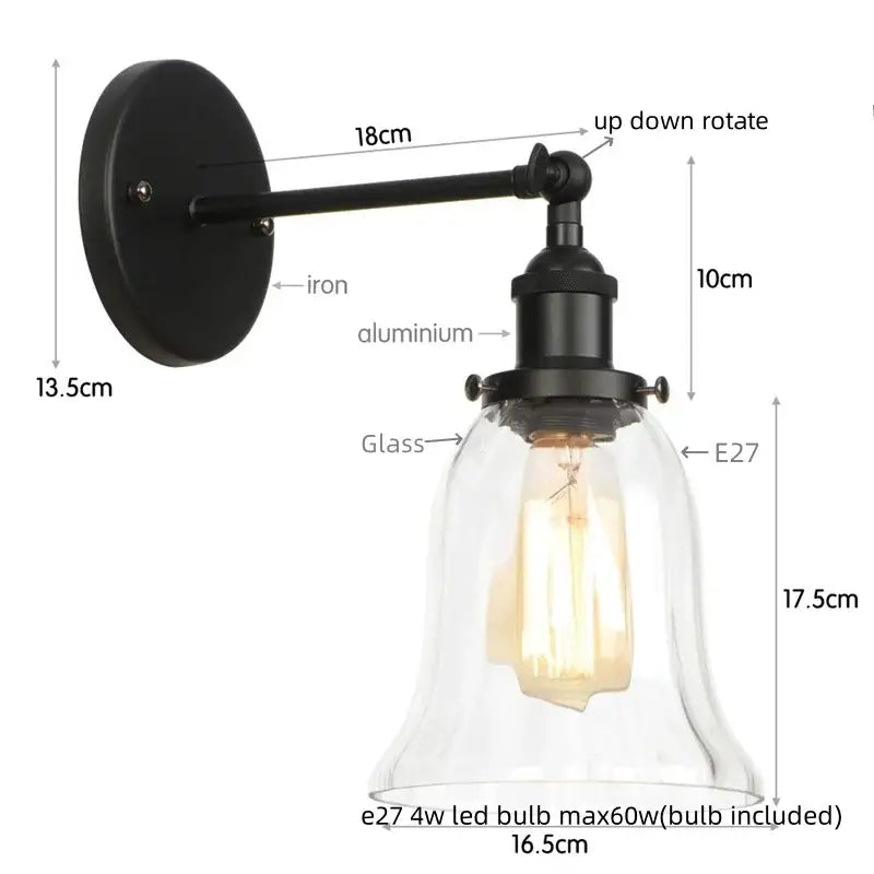 Clear Glass Wall Sconce with Industrial Iron Frame