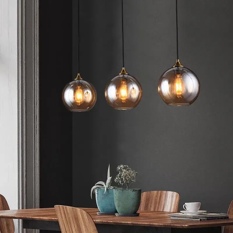 Brass Sphere Pendant Light with Triple Glass Spheres