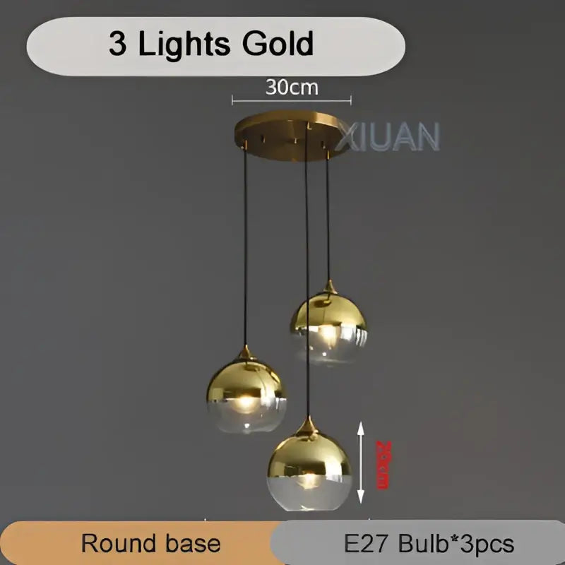 Brass Sphere Pendant Light with Triple Glass Spheres