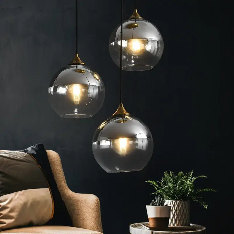 Brass Sphere Pendant Light with Triple Glass Spheres