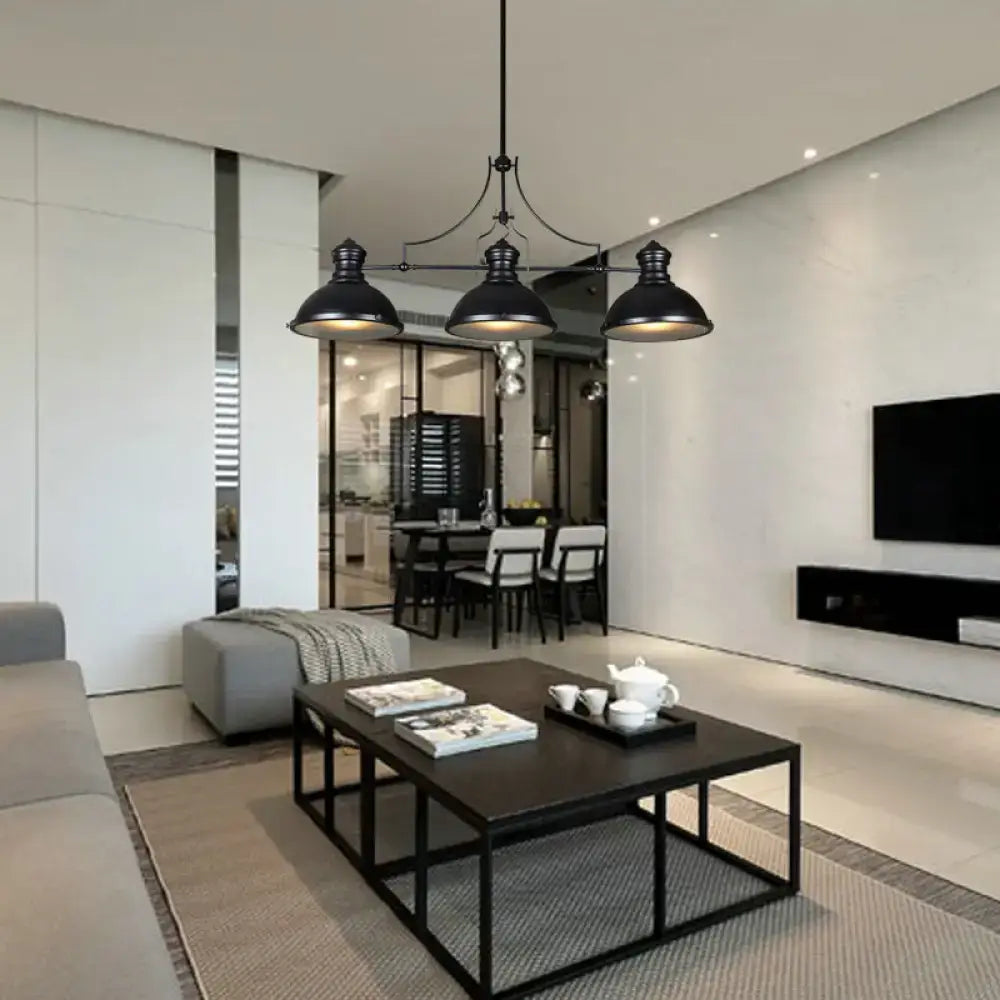 Black Matte Glass Dome Three-Light Pendant