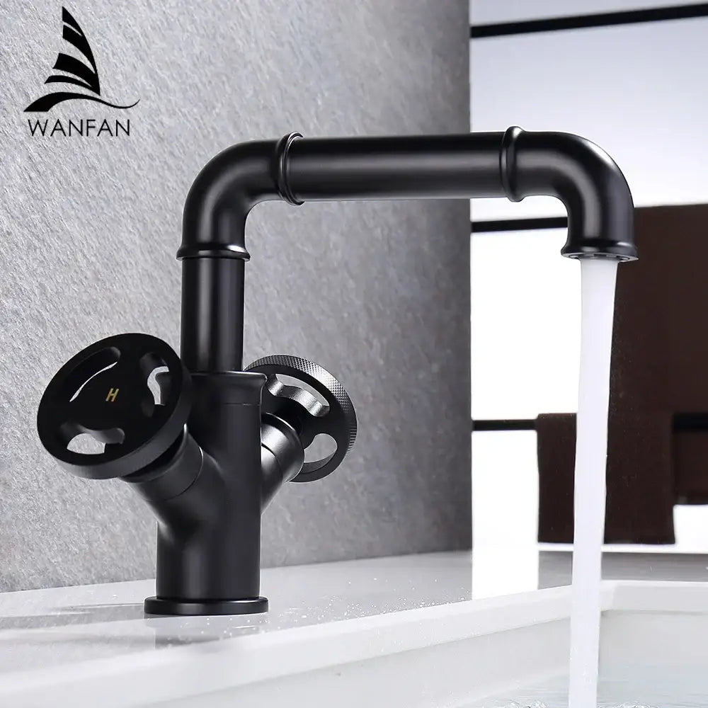 Black Brass Bathroom Faucet with Wheel Handles