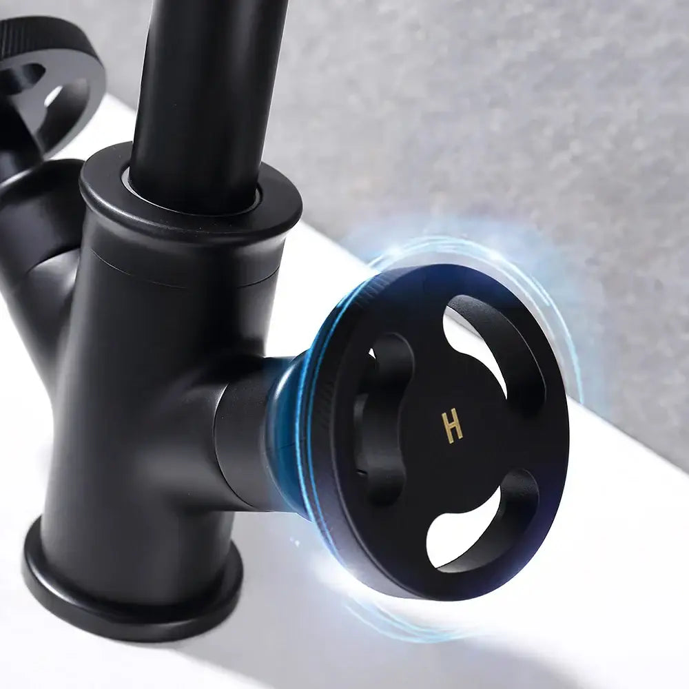 Black Brass Bathroom Faucet with Wheel Handles