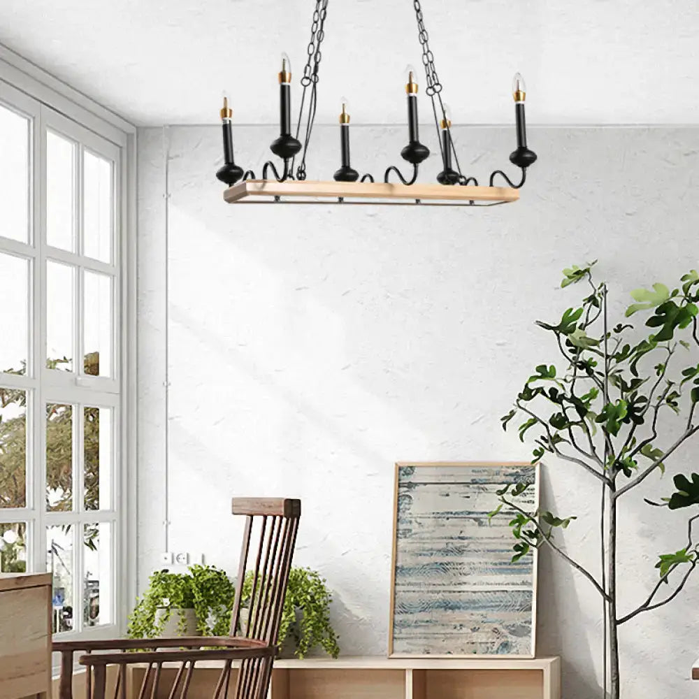 Black Gold Wood Canopy Six-Bulb Island Pendant