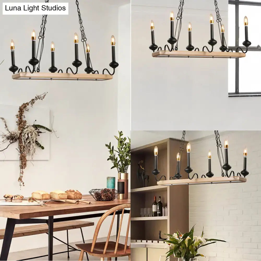 Black Gold Wood Canopy Six-Bulb Island Pendant
