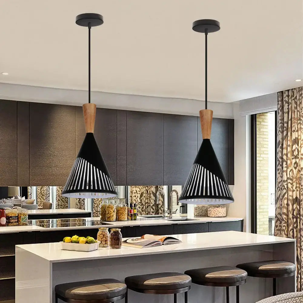 Black Wood Pendant Light Slatted for Kitchens