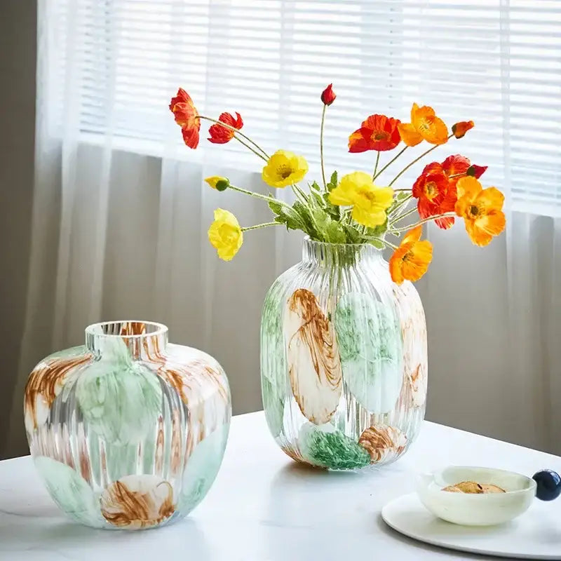 Green Brown Ribbed Vase