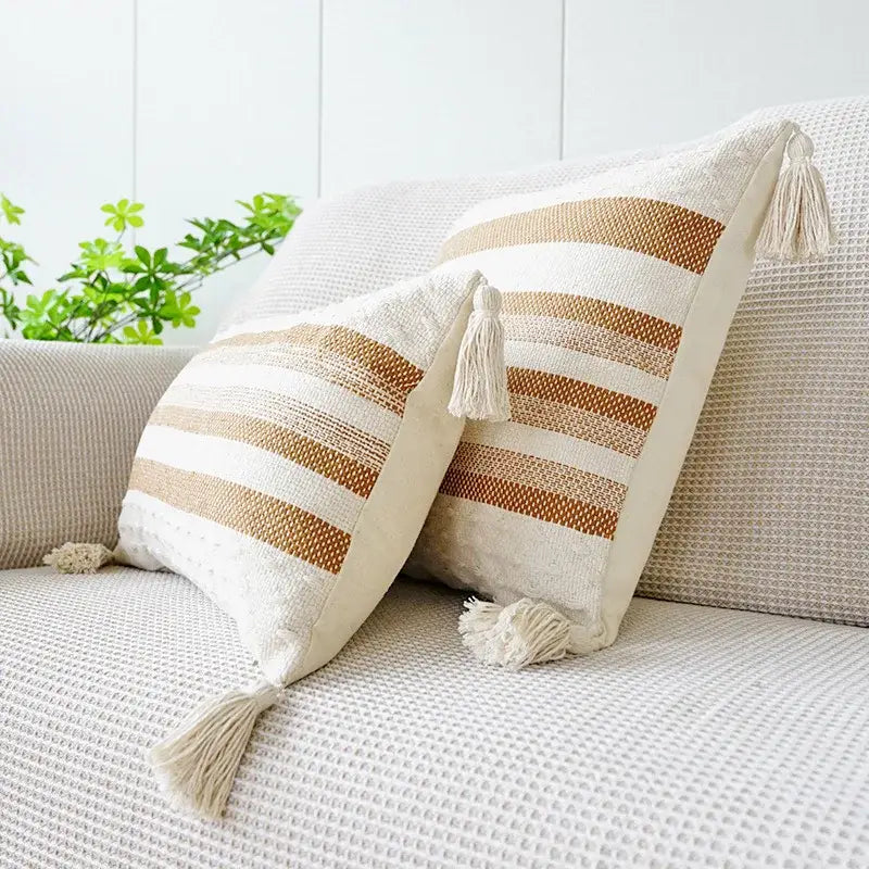 Coffee Stripe Tassel Pillowcase