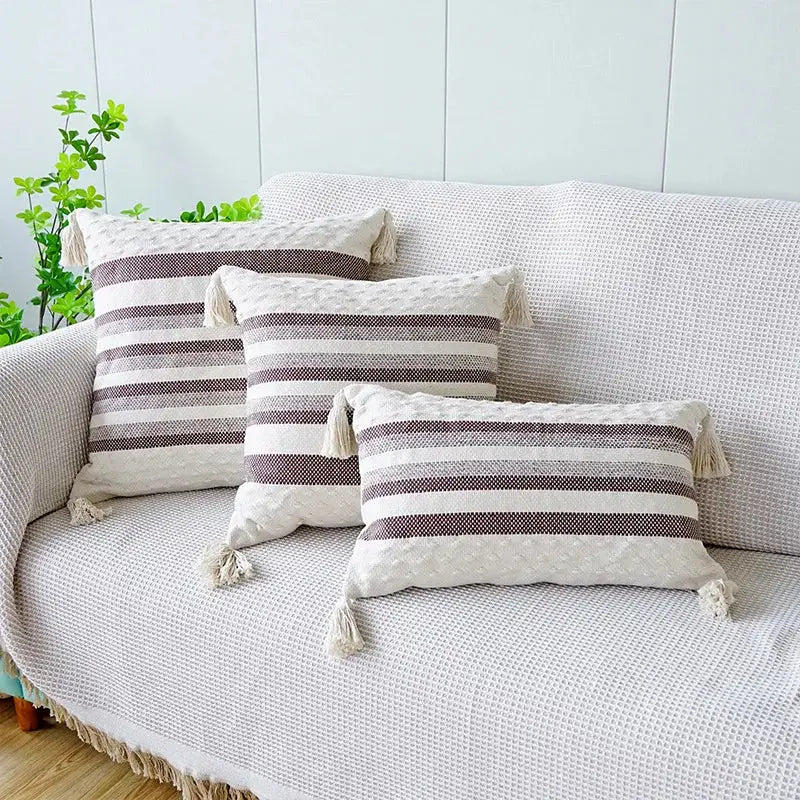 Coffee Stripe Tassel Pillowcase