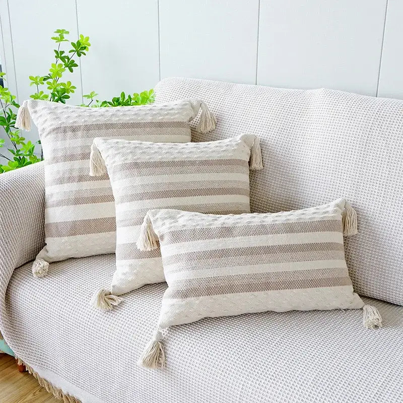 Coffee Stripe Tassel Pillowcase