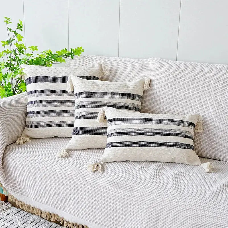 Coffee Stripe Tassel Pillowcase
