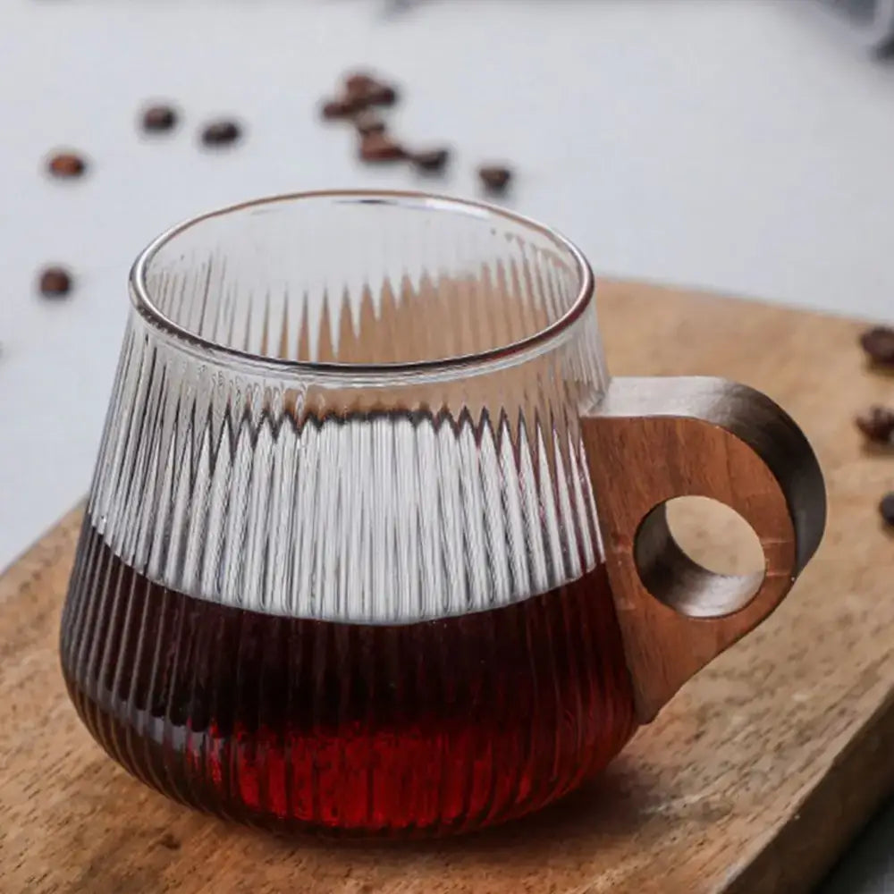 Ribbed Glass Wooden Handle Mug