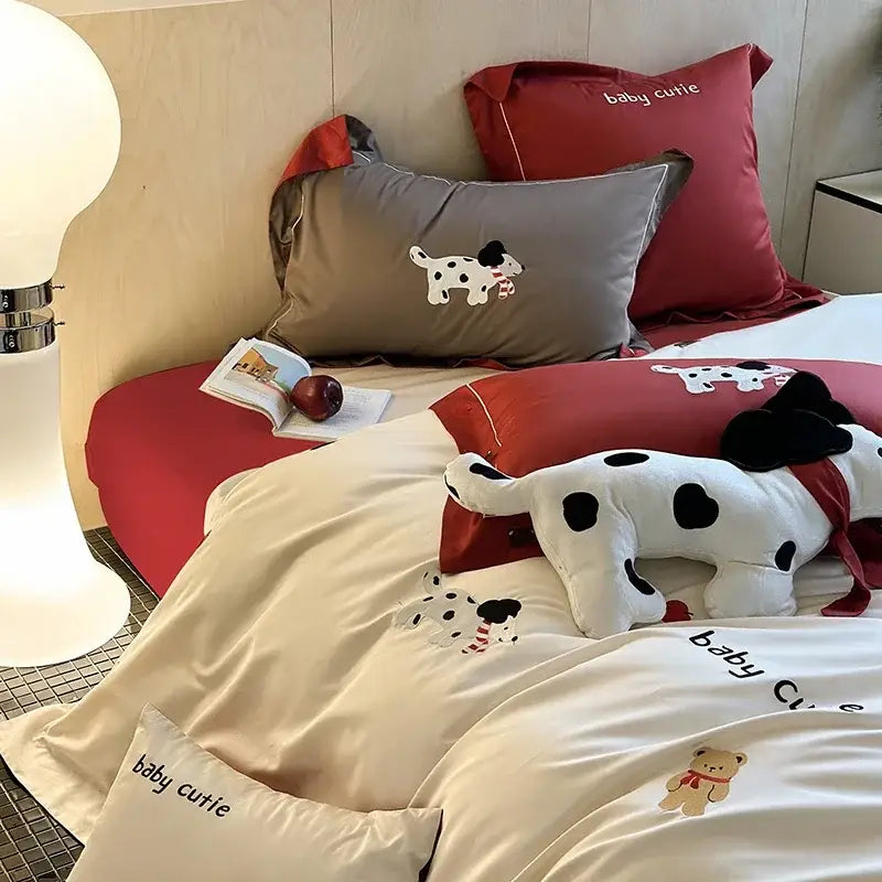 Embroidered White Red Bedding