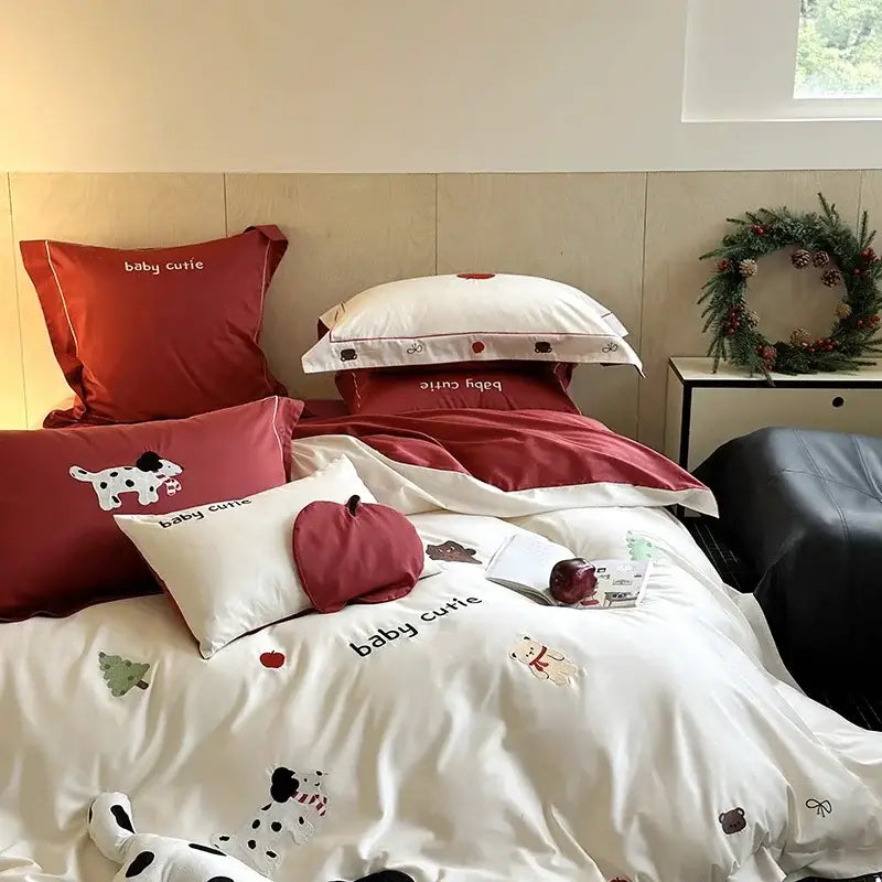 Embroidered White Red Bedding