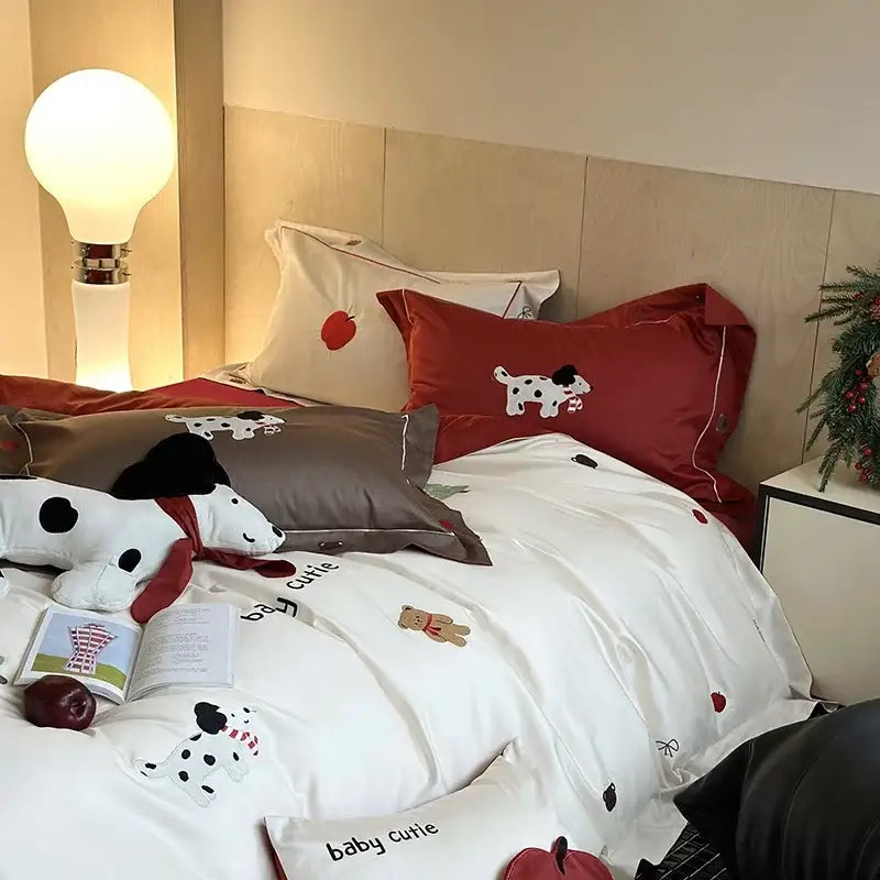 Embroidered White Red Bedding