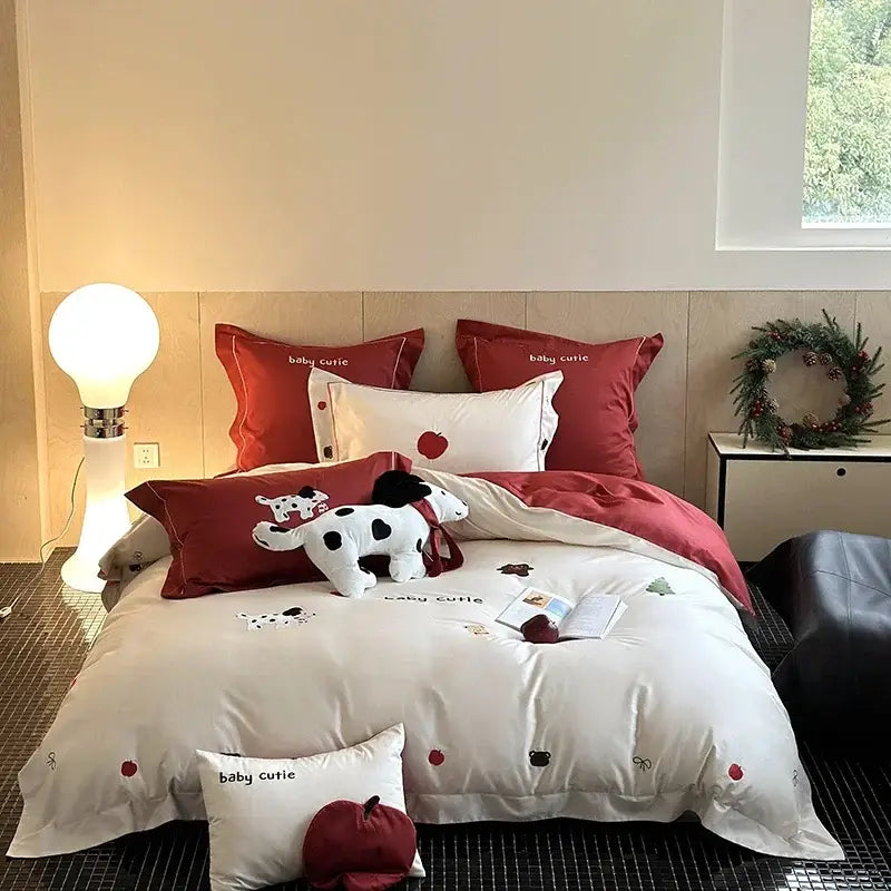 Embroidered White Red Bedding