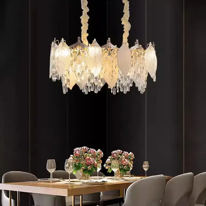 Gold Crystal Pendant Light Leaf-Shaped Design