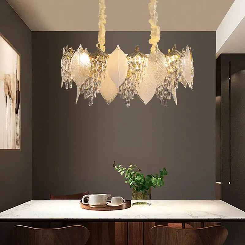 Gold Crystal Pendant Light Leaf-Shaped Design