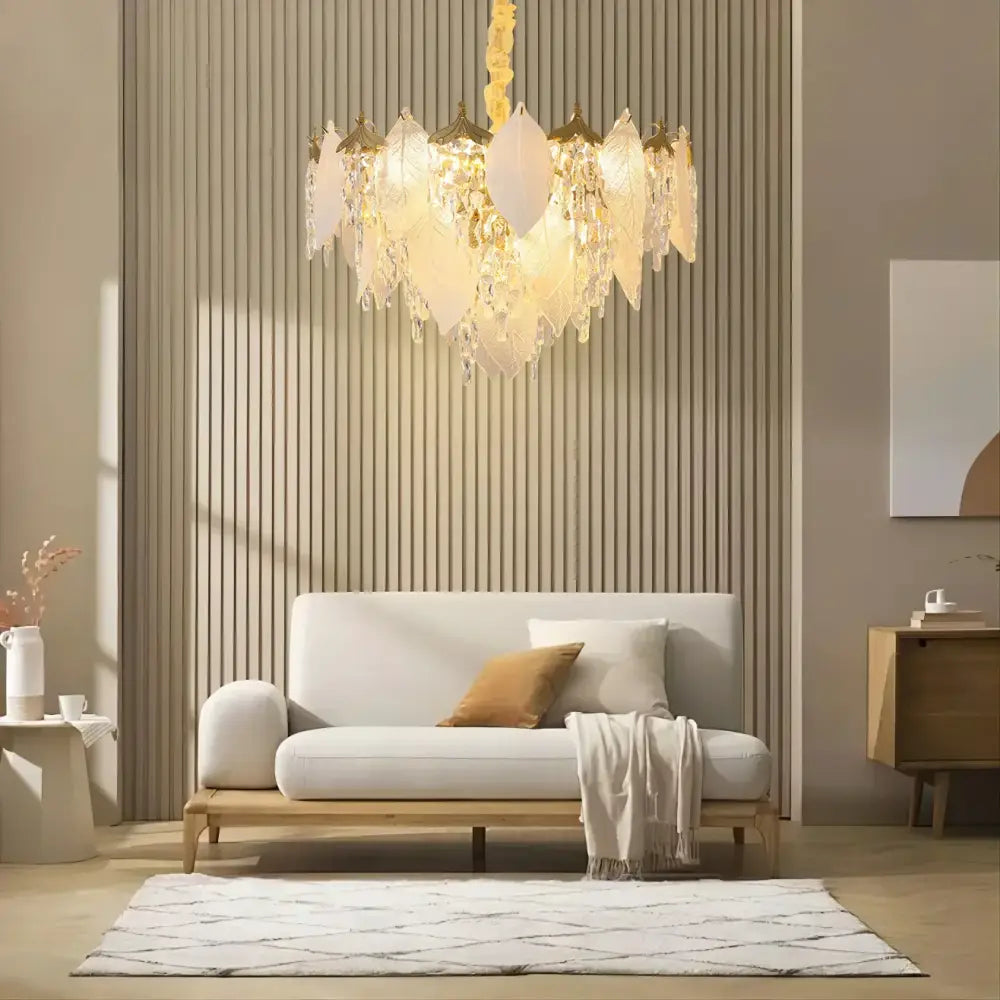 Gold Crystal Pendant Light Leaf-Shaped Design
