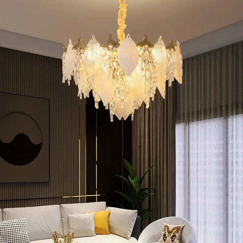 Gold Crystal Pendant Light Leaf-Shaped Design