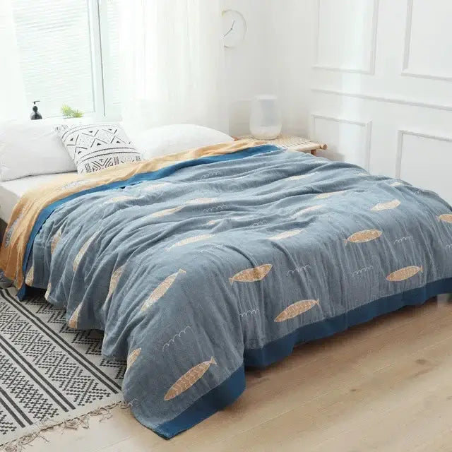 Blue Leaf Cotton Gauze Throw