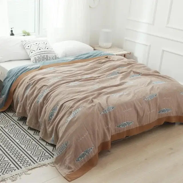 Blue Leaf Cotton Gauze Throw