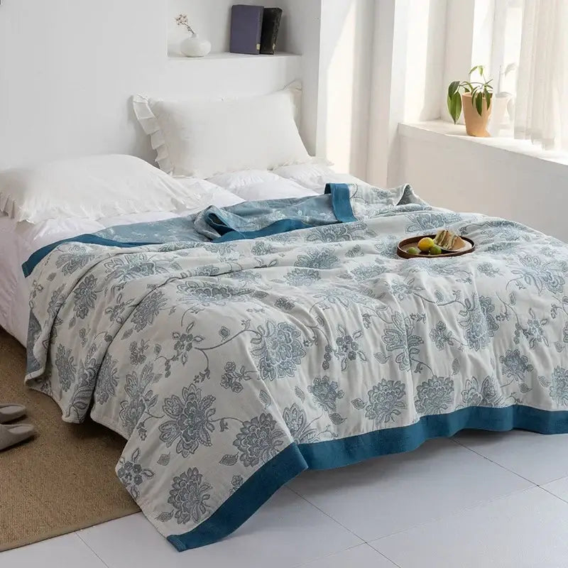 Blue Leaf Cotton Gauze Throw