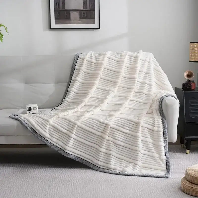 Cream Gray Ribbed Fleece Throw