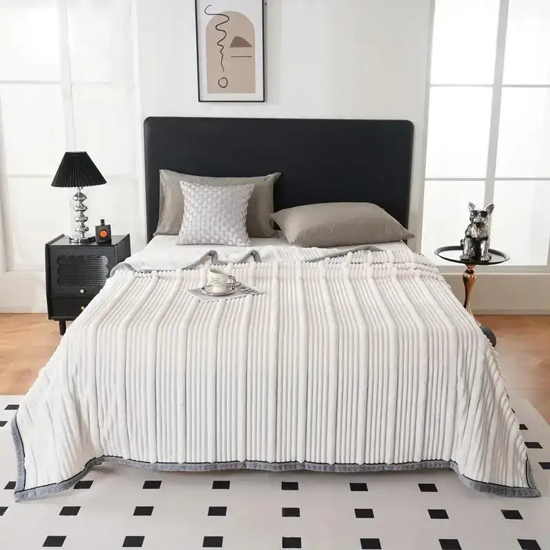 Cream Gray Ribbed Fleece Throw