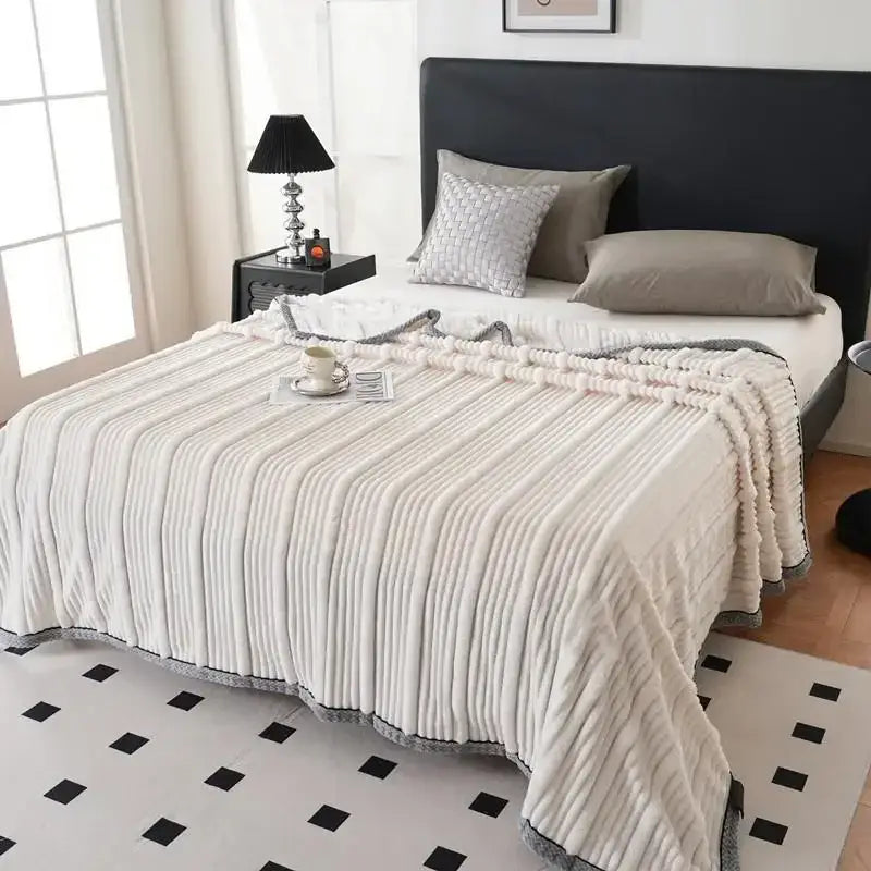 Cream Gray Ribbed Fleece Throw